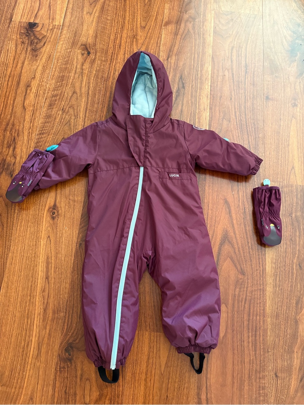 LUGIK Decathlon  Kids Hooded One-Piece Snowsuit with mittens 24M